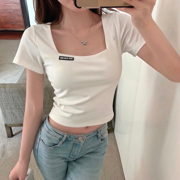 Spring and Summer Elegant White Sexy Embroidered Tight Square Collar Short-sleeved T-shirt Women's Base Shirt Navel Short Slim-fit Top T