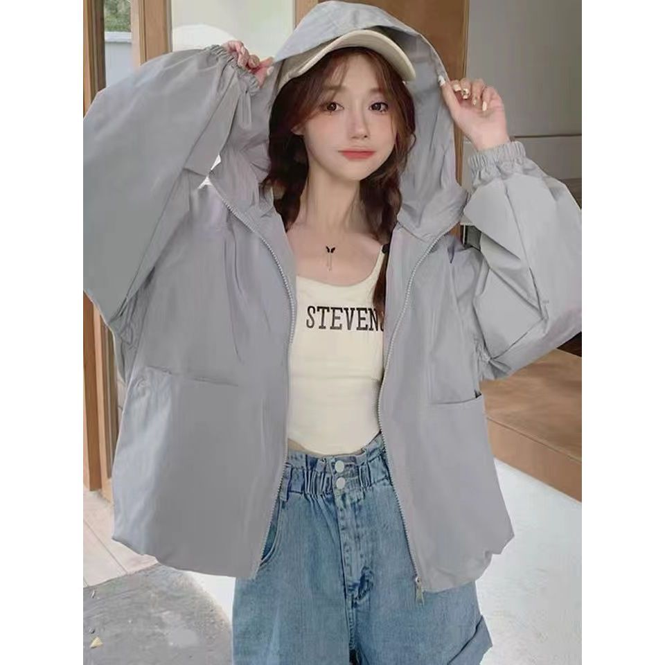 Korean style lightweight hooded sun protection shirt for women, UV protection, loose fit, puff sleeves, versatile casual sun protection shirt