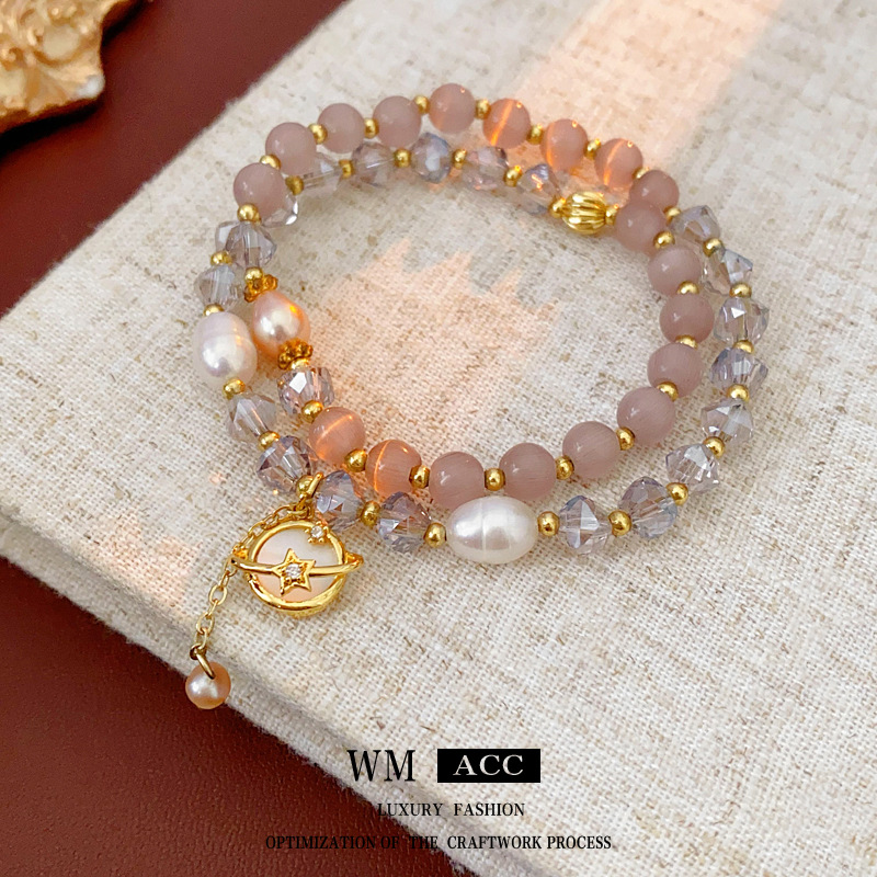 Pulsera de piedra de ojo de gato de doble capa, nicho de moda ligero lujo irregular pulseras de mano de alta calidad, joyas de mano para mujeres image 5