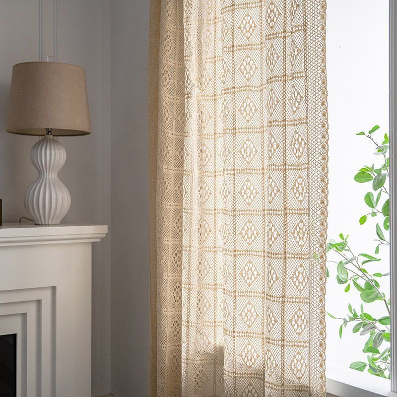 Retro Hollow White Finished Curtain Cotton Thread Living Room Floor-Standing Gauze Curtain Floating Punch-Free Partition Door Curtain