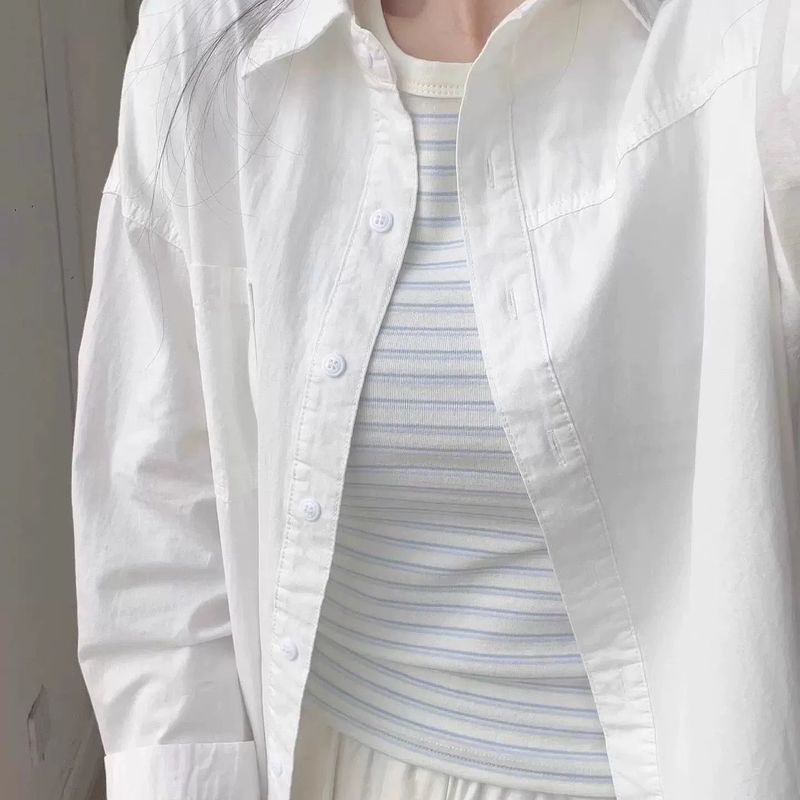 纯棉蓝色衬衫女春秋新款小清新宽松休闲百搭显瘦通勤衬衣外套上衣|undefined