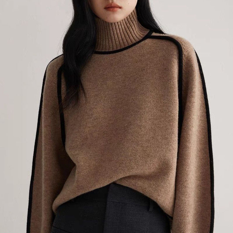 Cross-Border Foreign Trade Women's Knitwear Fashionable Half Turtleneck Raglan Sleeve Top Elegant Line Threaded Bottoming Knitwear for Women