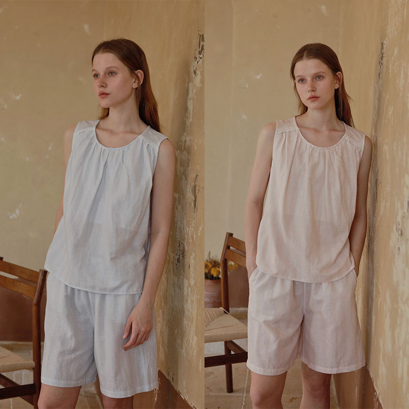 Summer Women's Cotton Gauze Soft and Comfortable Light-Colored Striped Print Sleeveless Loungewear Shorts Set Summer Women's Cotton Gauze Soft and Comfortable Light-Colored Striped Print Sleeveless Loungewear Shorts Set