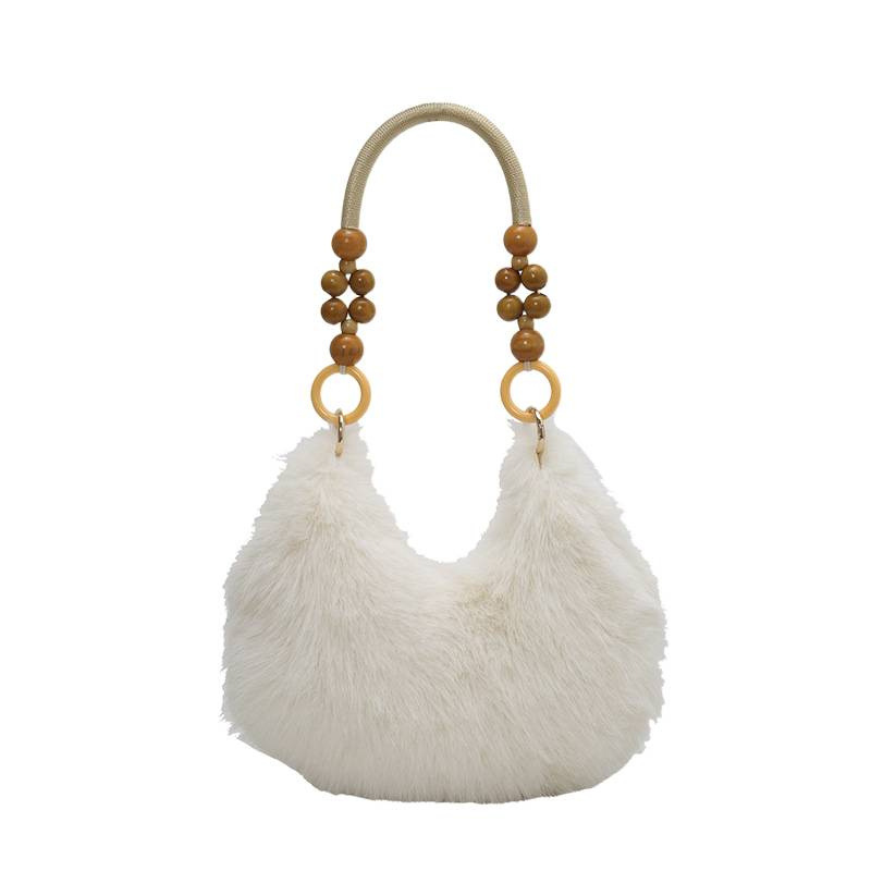 Damen Handtasche Mit Holzperlen Und Kunstfell Schultertasche_voghion.com