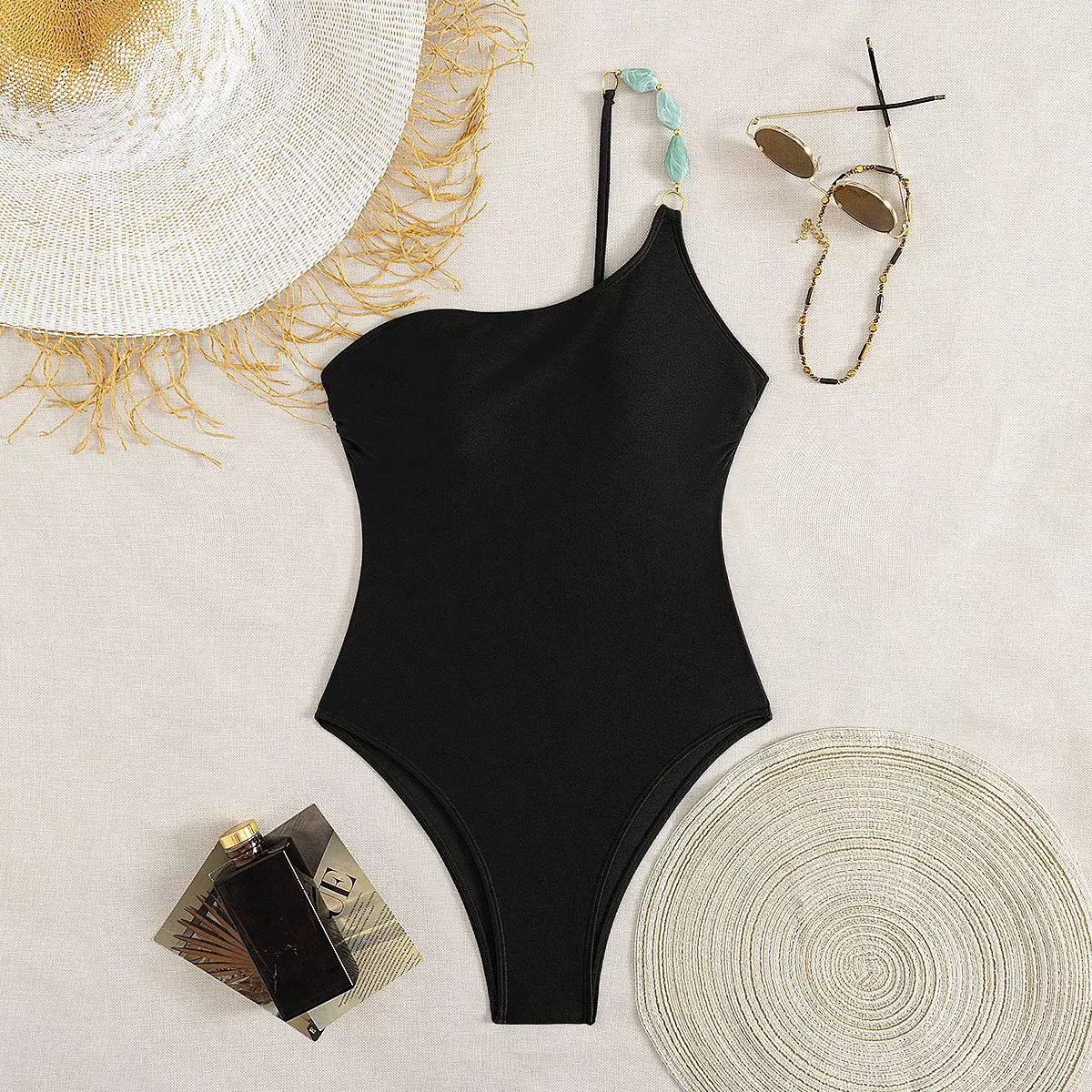 2026新款跨境欧美亚马逊速卖通单肩连体泳衣性感纯色露背比基尼