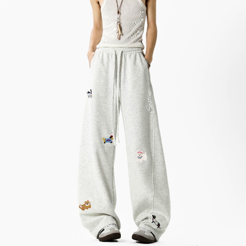 Fun Puppy Patch Embroidered Wide-Leg Pants for Men and Women, High-End Casual Pants, Scimitar Sweatpants