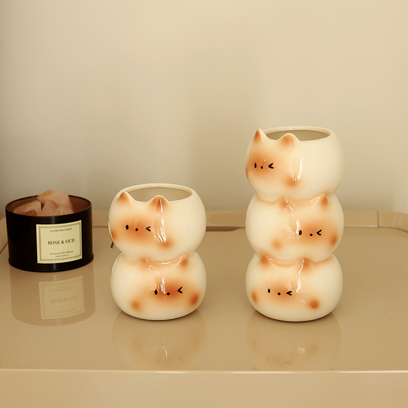 Lindo gato siamés, creativo, jarrón de alto valor, lujo ligero, decoración de la sala de estar, jarrón, flores artificiales, adornos de rosas