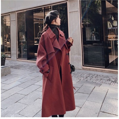 实拍INS复古驼色气质长款西装领双排扣收腰减龄羊毛呢子大衣女