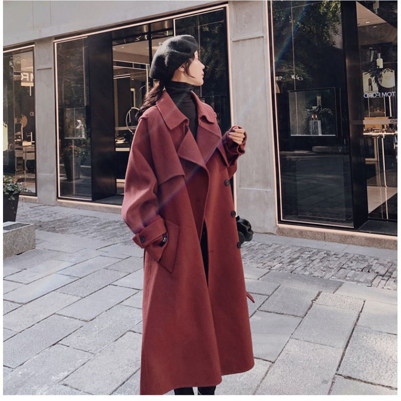 实拍INS复古驼色气质长款西装领双排扣收腰减龄羊毛呢子大衣女