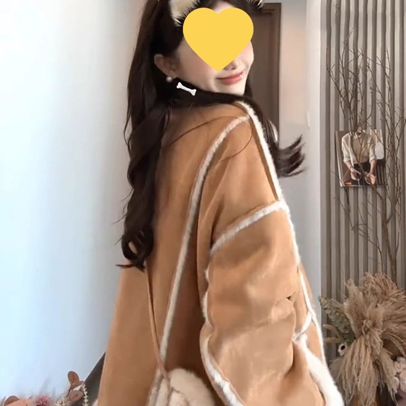 麂皮绒皮草外套女短款2025新款韩版宽松机车服加厚皮毛一体大衣冬|undefined
