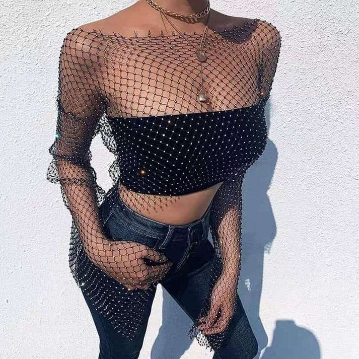 INS欧美跨境速卖通亚马逊女装爆款网格闪钻圆领长袖上衣