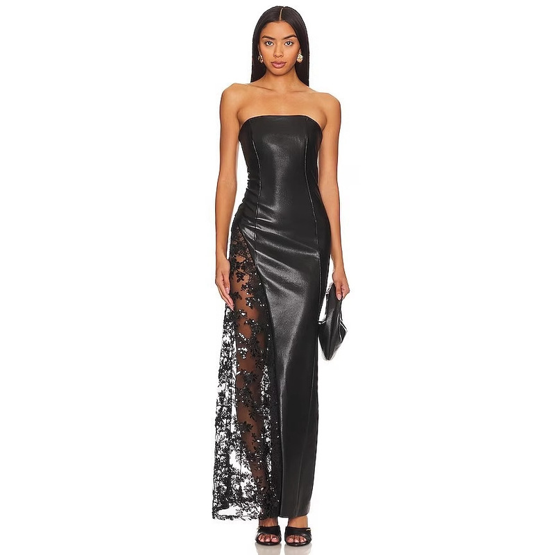 New European and American Solid Color PU Leather Elegant Fashion Slim Fit Strapless Lace European and American Explosions Sexy Midi Dress dress