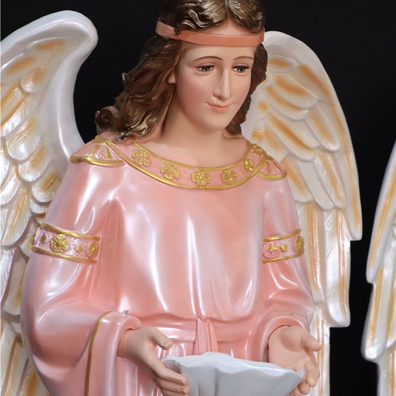 Estatua de Ángel con Pila Bautismal 160cm de Resina Pintado para Iglesia y Hogar