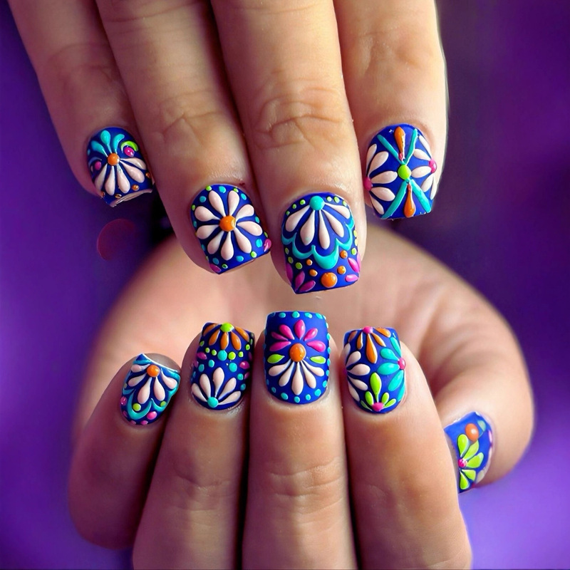 Blue Cute and Sweet Short European Square Oil Painting Style Gentle Flower Fashion Whitening Fake Nails Finished Wearable Nails