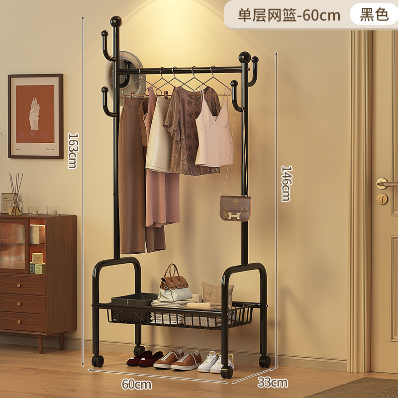 60cm 싱글 레이어 메쉬 바스켓 - 클래식 블랙 + 후크 6개 + 금속 범용 휠