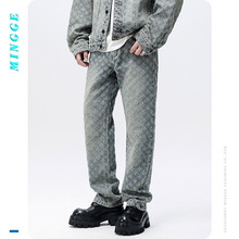 明格|美式复古高街碎花长裤男款宽松直筒潮牌套装百搭男士牛仔裤