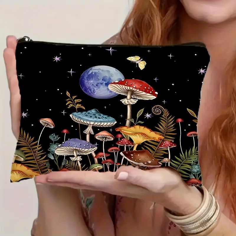 Bolsas de maquillaje transfronterizas de lino impermeable Amazon venta caliente hongos ilustración, bolsas de maquillaje personales bolsas de mano