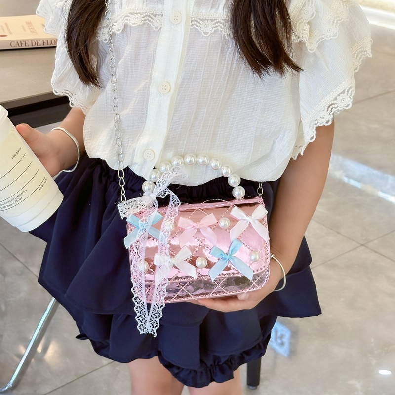Niñas lindas princesas bolsas de perlas arco cadena de diamante mochilas niños cambio bolsa de hombro
