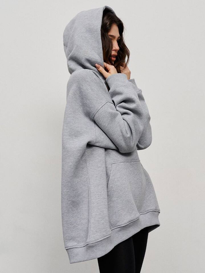 Áo hoodie nỉ lông dáng rộng có mũ và túi, tay dài, dáng unisex — Màu cà phê, Màu hồng, Màu xám, Màu đen chi tiết 32