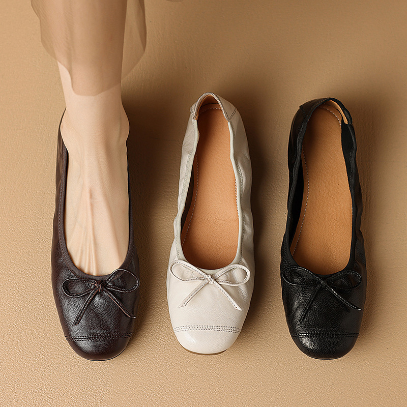 Giày ballet nữ mũi tròn đế bệt da cừu mềm nơ bướm — Màu nâu