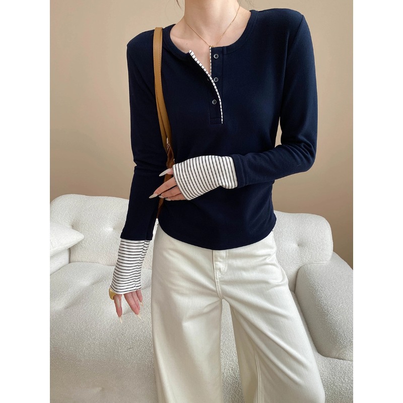 司南 时髦条纹拼接设计感纽扣半门襟掐腰显瘦长袖打底衫 SN8178