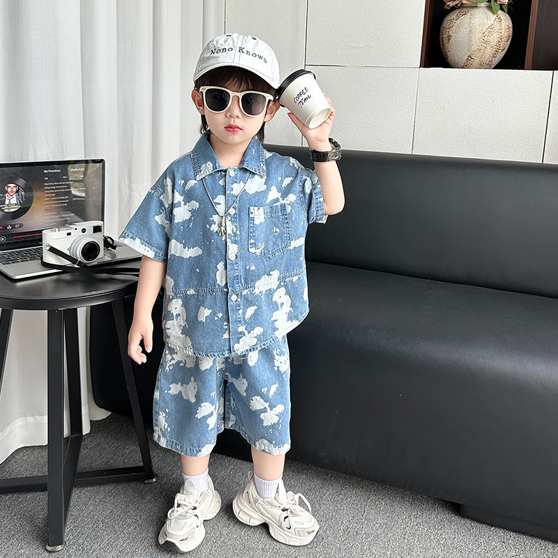 7393 Traje de verano para niños 2025 Nueva ropa de mezclilla de estilo chino de manga corta Traje de dos piezas de verano para niños de moda