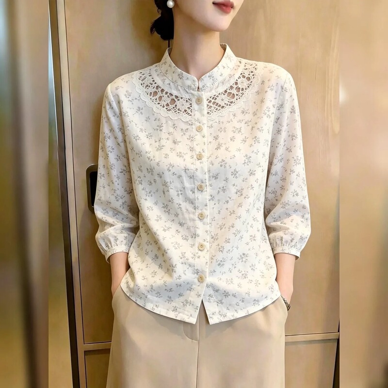 Unique floral print shirt for women, summer commuter style, lace collar, loose fit, slimming, versatile top, super stylish, 2026 Unique floral print shirt for women, summer commuter style, lace collar, loose fit, slimming, versatile top, super stylish, 2026