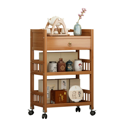 Mobile tea cart trolley storage rack new Chinese style mahjong table side table tea side cabinet sideboard solid wood tea table tea cabinet