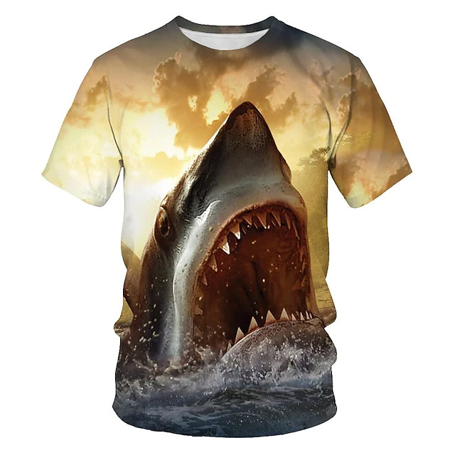 男式中性 T 恤鲨鱼图案印花圆领黄色 3D 印花户外街头短袖印花