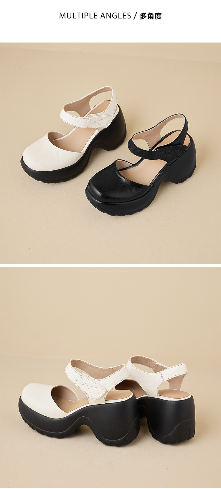 Sandal cao gót nữ hở mũi da thật quai dán, đế platform chống trượt, gót 9 cm — màu đen, màu trắng ngà chi tiết 12