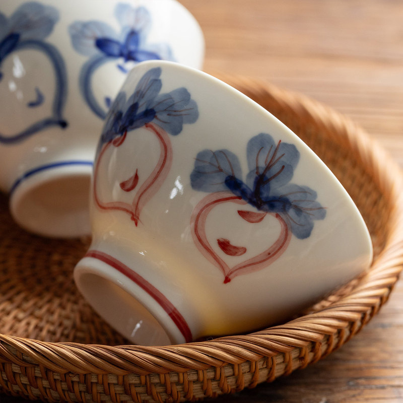 Japanese-style rice bowl with hand-painted vegetables and carrots, underglaze ceramic home-use conical bowl, single-serving high-footed soup bowl