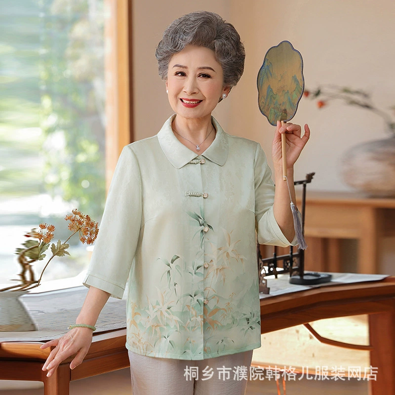 Пожилые летние платья бабушки рубашки семь рукавов мамы рубашки летние тонкие топы высокого класса старушка одежда