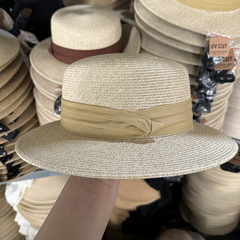 奶油風超細辮進口平頂草帽女春夏休閒百搭平沿遮陽帽小禮帽