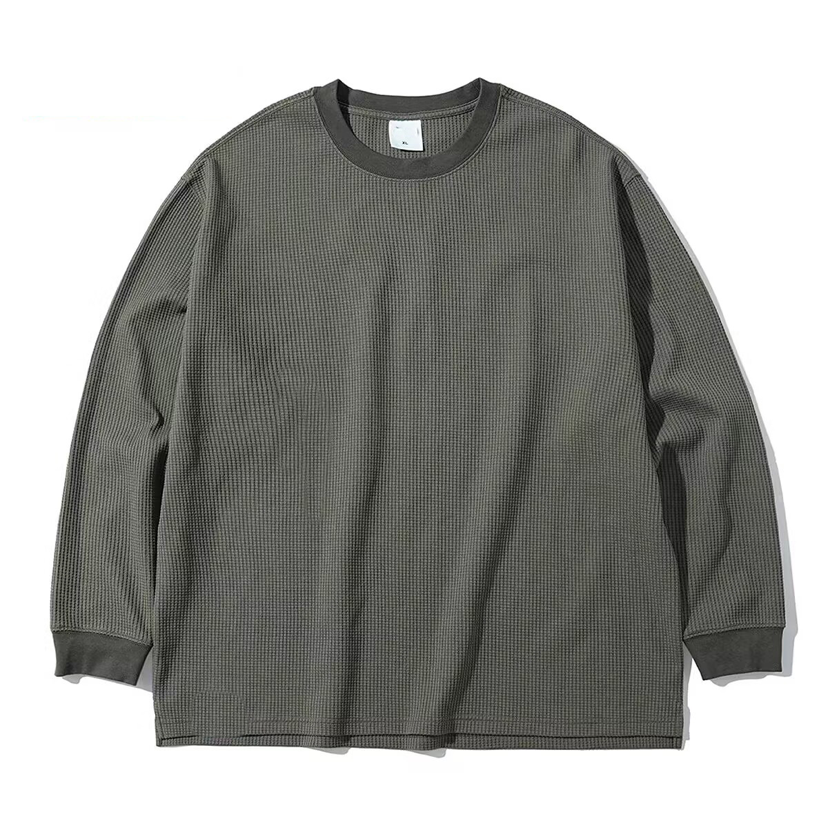 Herren Waffelstrick Langarm T-shirt Rundhalsausschnitt Freizeit_voghion.com