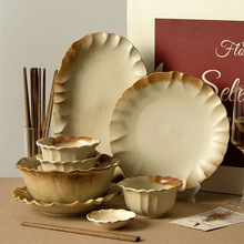 复古高级感碗盘碟餐厅酒店家用套装异形个性甜品盘糕点米饭碗批发
