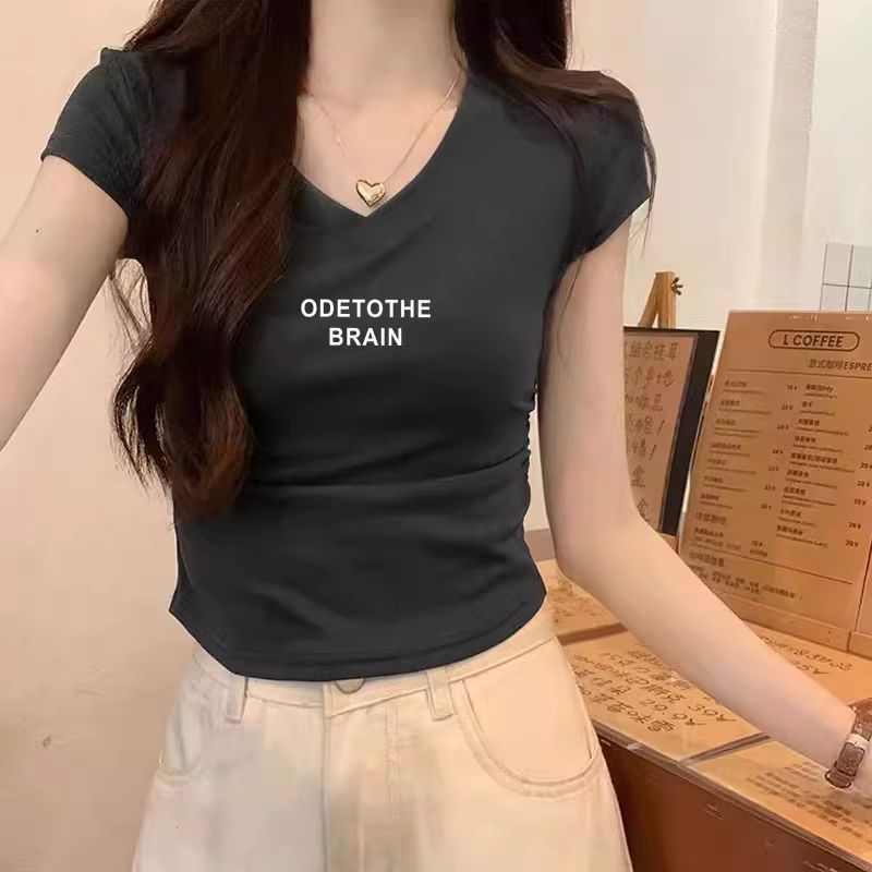 純綿夏の新しいスタイルの女性用Vネック半袖Tシャツ、スリムフィット、プリーツホットガールトップ|undefined