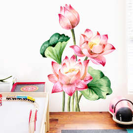 中国风荷花自粘卧室温馨客厅壁纸房间墙贴装饰品PVC防水贴纸贴画