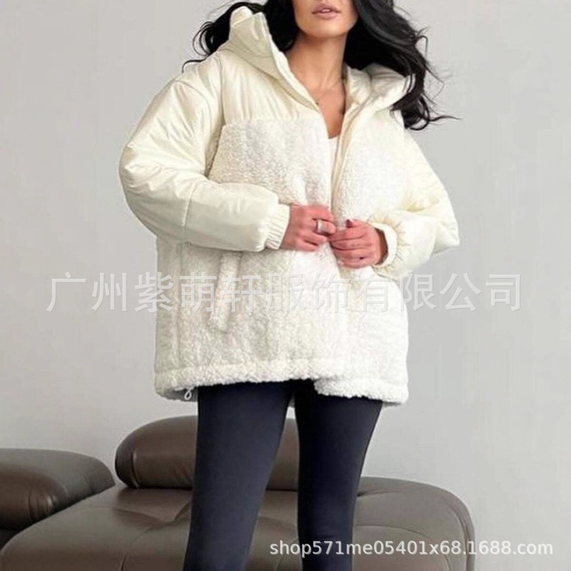 2025欧美INS羊羔毛拼接加棉加厚连帽外套秋冬新款欧美女士棉服|undefined