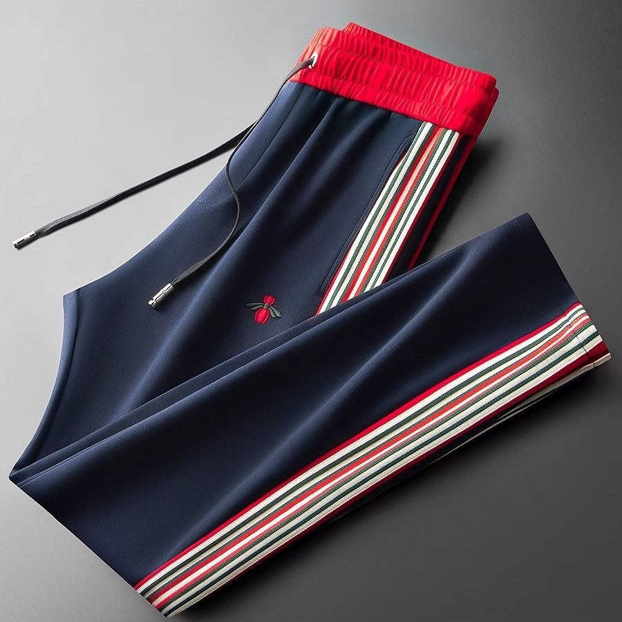 European Goods Light Luxury Spring and Autumn Fashion Brand Sports Pants Striped Drawstring Sweatpants Men's Embroidered Bee Straight Casual Pants for Men