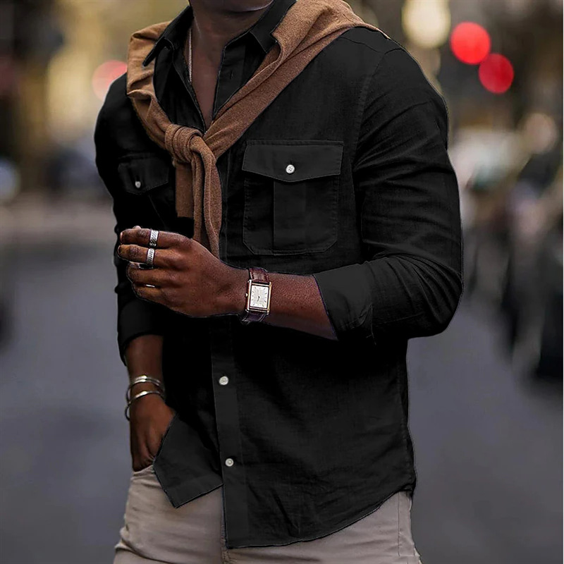 2024 Men's New Solid Cotton Lapel Pocket Shirt_senzul.com