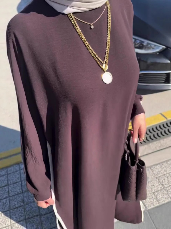 中东沙特阿拉伯跨境女装时尚休闲套装圆领镶边开叉长衫长裤两件套|undefined