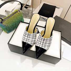 2023夏日新款尖头细跟欧美时尚包头半拖拼色高跟拖鞋高跟凉拖外穿