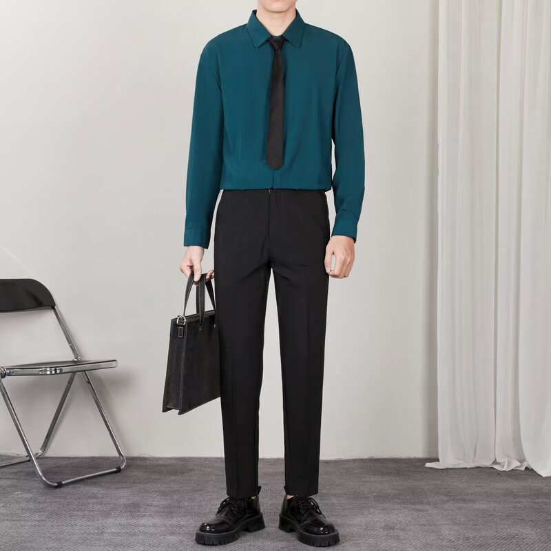 Three-piece business formal suit for men, young and stylish, with a high-quality drape, featuring a long-sleeved shirt and long trousers