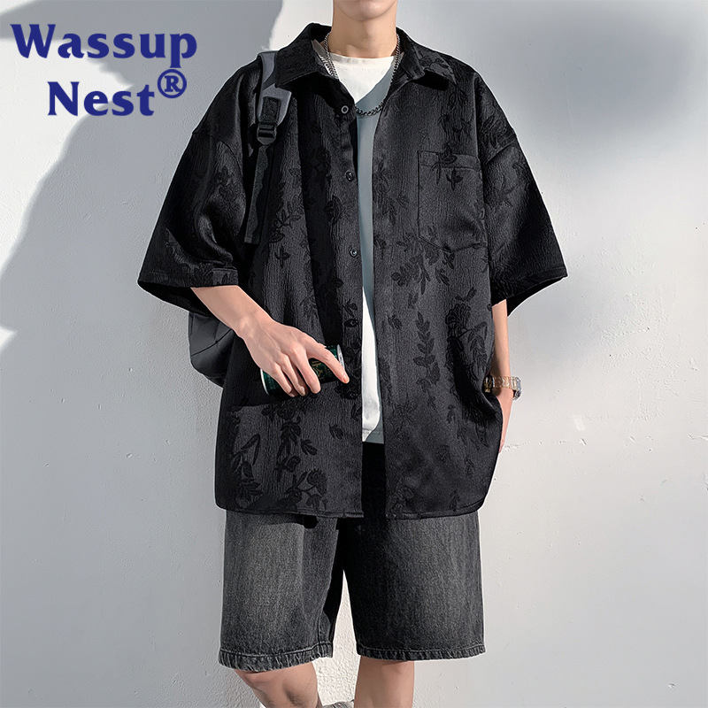 WASSUP Chinese Style Jacquard Shirt Men's Summer Ice Silk plus size Loose New Chinese Style Youth Fashion Half Sleeve Shirt