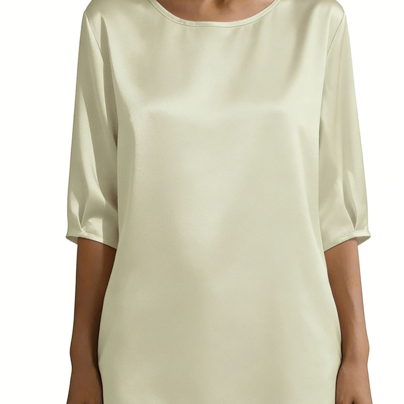 Women's Satin Shirt Formal Casual 3/4 Sleeve Silk Top with Round Neck (Can Add Print)