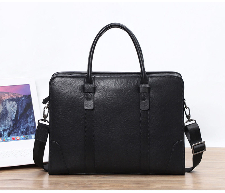 Túi xách tay nam da bò lớp đầu 38×8×28 cm, túi công sở đựng laptop 14 inch, đeo chéo tiện lợi — Màu Đen thuộc da bình thường bên trong màu đen, Màu đen cây cao, Lớp lót nỉ flannel cao cấp cầm tay màu đen chi tiết 6