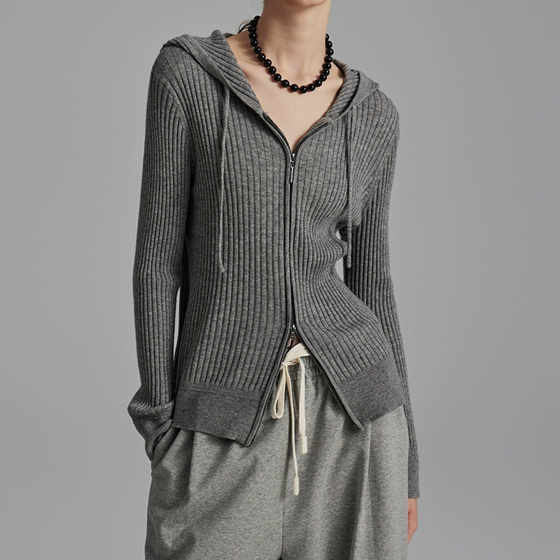French style simple 80 16-pin fine knitted top zipper hooded double zipper cardigan women's new