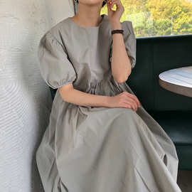 灰色泡泡袖连衣裙女夏季新款大码胖mm设计感遮肉宽松甜美过膝长裙