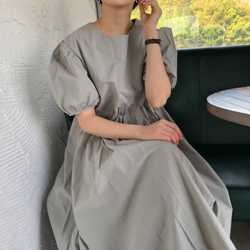 Grey Puff Sleeve dress Women's Summer New plus size chubby girl Design Flesh Covering Loose Sweet Over-the-knee Long Dress Grey Puff Sleeve dress Women's Summer New plus size chubby girl Design Flesh Covering Loose Sweet Over-the-knee Long Dress