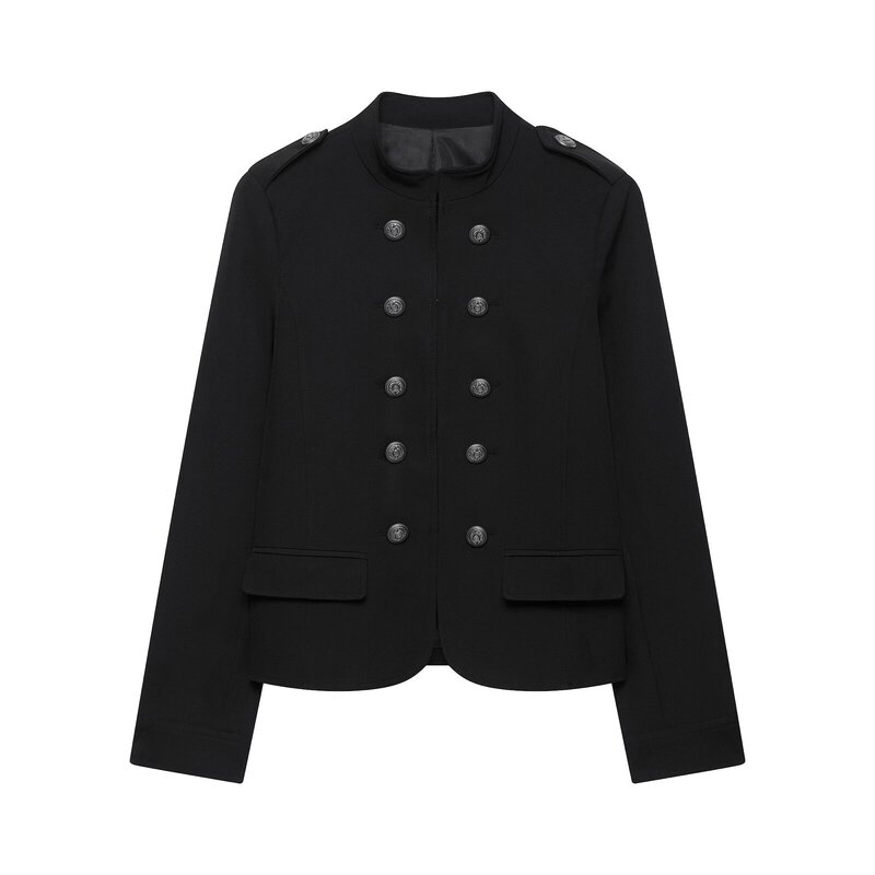 European and American Cross-Border Women's Clothing Wholesale 2026 Summer New Style Double-Breasted Stand-Collar Jacket Military Style Slim-Fit Long-Sleeve Jacket